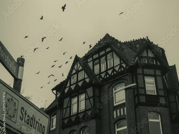 Fototapeta A sepia-toned image of a timber-framed building with birds flying overhead. a historic, eerie atmosphere to the scene.