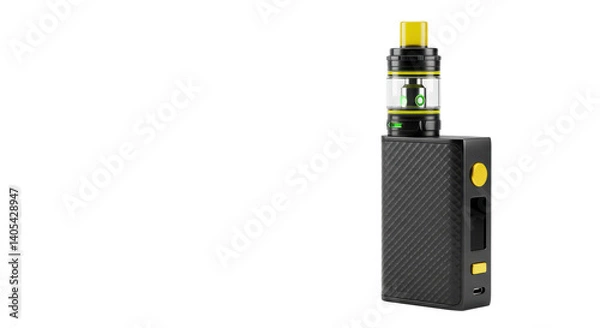Fototapeta A close up of a black and yellow vape device against a stark black background on the right side