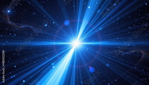 Fototapeta Galactic Light Beam A vibrant blue light beam emerging from the center of a starry night sky, creating a cosmic effect with swirling galaxies in the background.