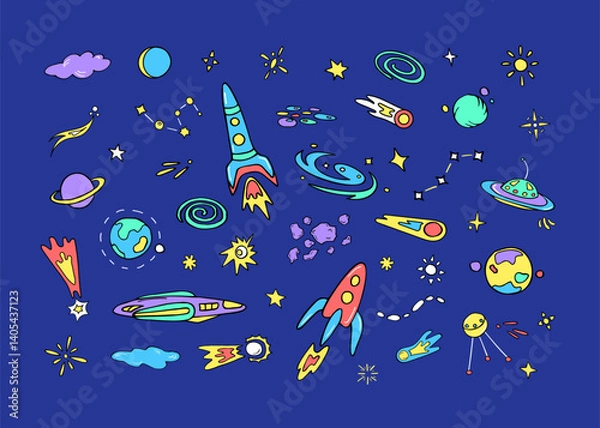 Fototapeta Space for kids, fun sketches. Collection of various colorful doodle cosmos objects