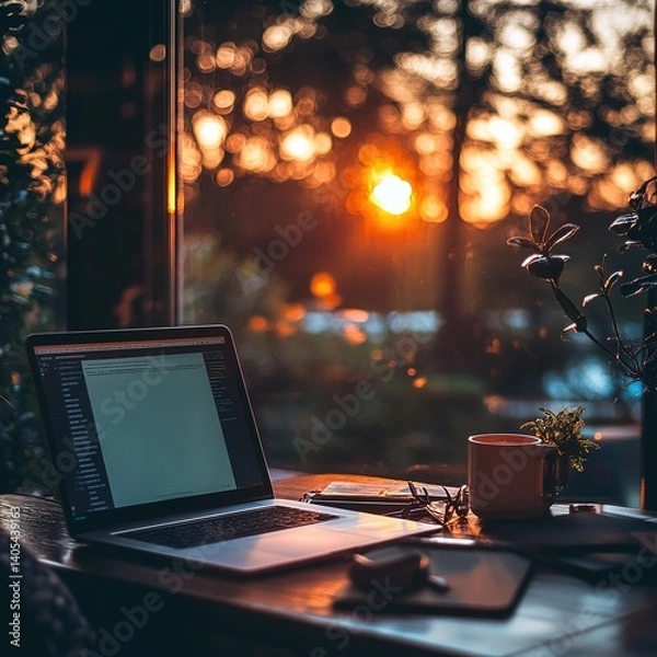 Obraz Evening work session with laptop in cozy digital workspace warm atmosphere intimate viewpoint serenity and productivity