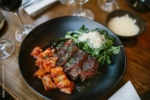 Obraz Grilled steak, kimchi, arugula, and parmesan cheese in a restaurant, culinary delight, photography