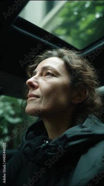 Obraz Captured from inside a vehicle, a White woman peers up through the sunroof at a strange aerial event, partially veiled by clouds