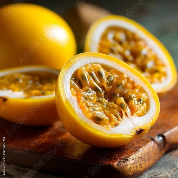 Fototapeta Bright yellow passion fruits, halved and whole, showcase their juicy pulp on a rustic wooden board, inviting a tropical taste experience.