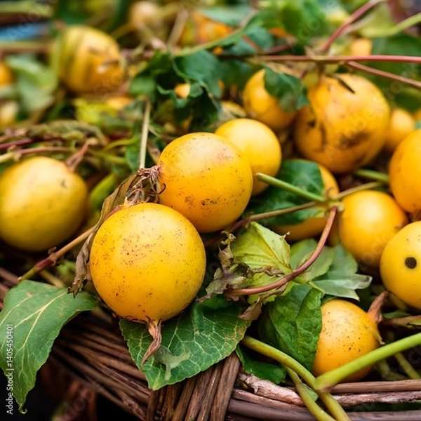 Fototapeta Close-up of ripe yellow fruits nestled amongst green leaves in a woven basket, showcasing their natural beauty.