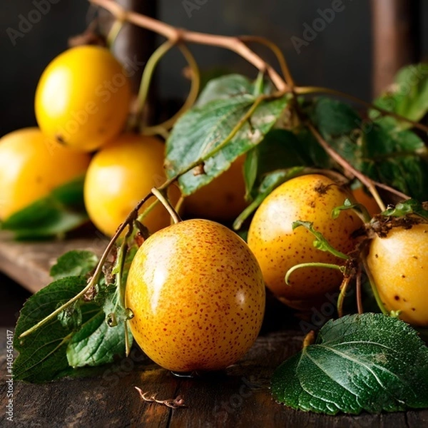 Fototapeta Golden yellow fruits, possibly granadillas, with leaves on a rustic wooden surface, evoking natural harvest. Warm lighting enhances the subject.