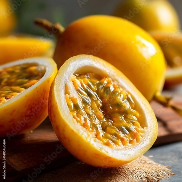 Fototapeta Golden passion fruit with edible seeds, cut open on a rustic wood table, showcasing its yellow pulp and juicy texture. Tasty and refreshing!
