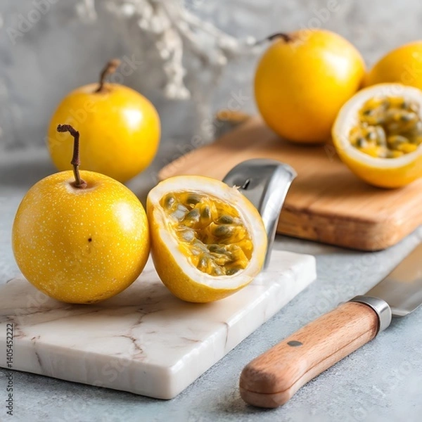 Fototapeta A vibrant display of fresh yellow passion fruits, sliced open, revealing their juicy pulp, beautifully arranged on cutting boards.