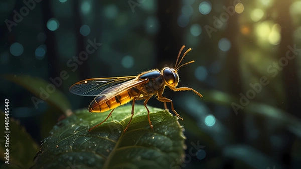 Obraz Detailed Insect Illustration – Firefly on Leaf

