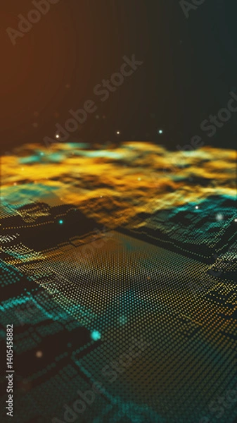Fototapeta Abstract digital data landscape with glowing gold particles.