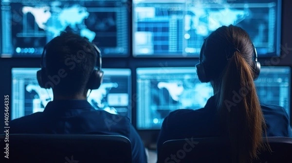 Fototapeta Data analysis task force monitors global trends tech hub digital media control room overhead view innovation insights