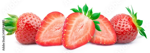 Fototapeta Five ripe strawberries with slices in a line with green leaves isolated on white background with clipping path