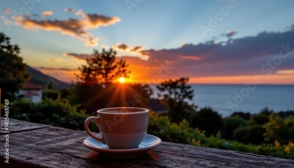 Fototapeta Sunset Coffee Indulgence A tranquil setting with a cup of coffee at sunset, casting beautiful shadows and warm colors.