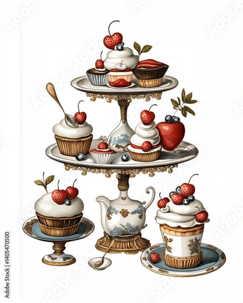 Obraz Vintage Victorian-style themes illustration Catering cake sets , on a white background, very detailed with vintage colors