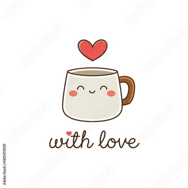 Fototapeta A coffee mug with a smiling face is accompanied by a floating heart above it, conveying a warm and loving sentiment. The words with love are written below
