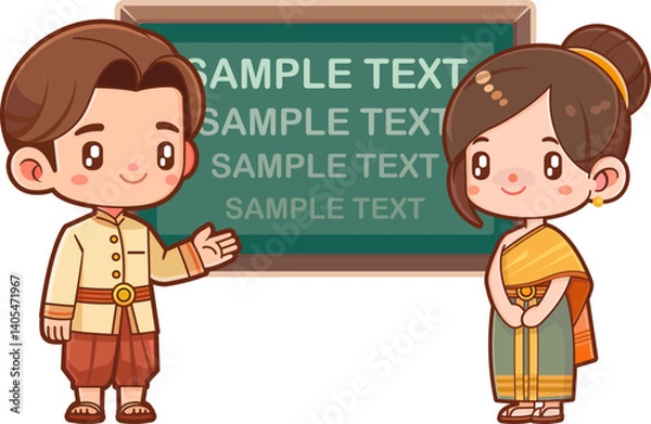 Obraz A cartoon of a boy in Thai costume presenting information on a blackboard with a girl in Thai costume standing beside him.