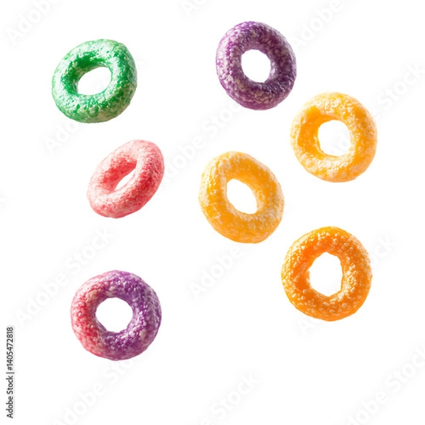 Fototapeta  Floating colorful cereal rings isolated on transparent background , in PNG format.