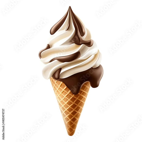 Fototapeta  realistic soft serve ice cream cone with creamy vanilla and chocolate isolated on transparent background,in PNG format.