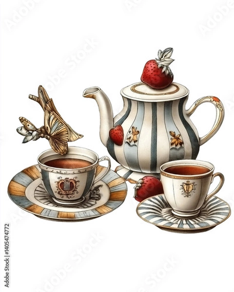 Obraz Vintage Victorian-style themes illustration Catering tea sets , on a white background, very detailed with vintage colors