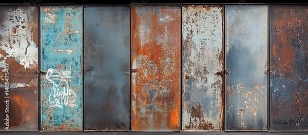 Fototapeta A row of weathered metal doors with peeling blue/brown/white paint, heavy rust stains and graffiti tags, close-up view highlighting rivets, handles and industrial decay under harsh natural light. 