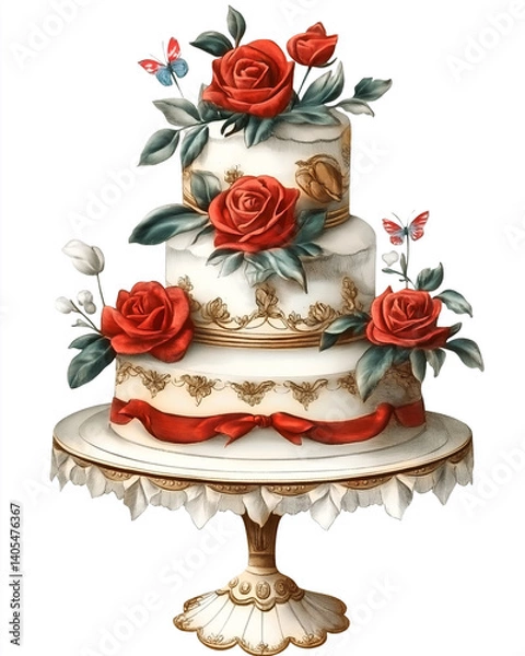 Fototapeta Vintage Victorian-style themes illustration flower wedding cake sets , on a white background, very detailed with vintage colors