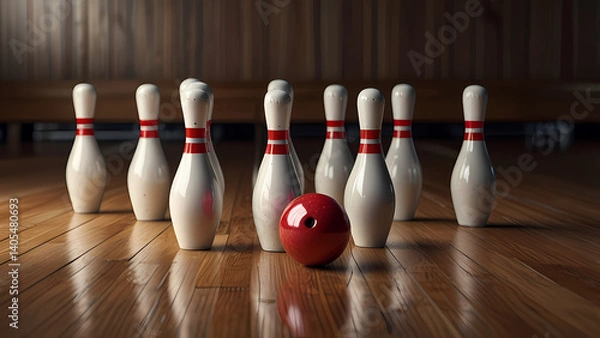Obraz Triangular Bowling Pin Arrangement on Glossy Floor

