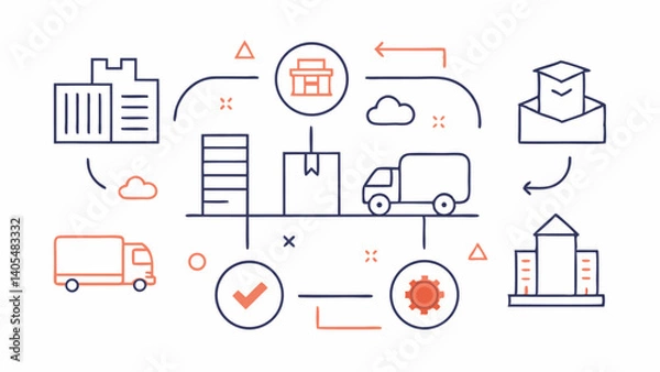 Fototapeta Modern and minimalist line icons showcasing elements of supply chain and value chain management ideal for digital platforms and printed business materials