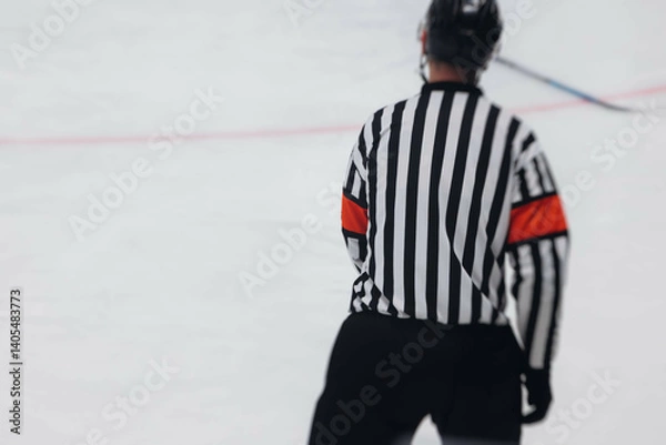 Fototapeta Hockey match game on ice rink arena stadium, team of ice hockey professional players with coach, stick and puck, team of hockey players in protective sport uniform training, hockey league championship