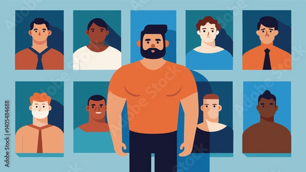Fototapeta A nationwide photo exhibition featuring portraits of men of all body types and their personal stories of embracing their bodies.. Vector illustration