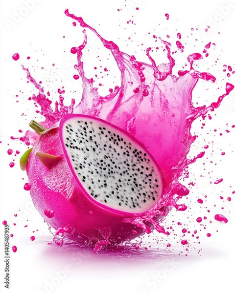 Fototapeta vibrant dragon fruit chunk splashes in vivid pink liquid, isolated on white background, creating dynamic and refreshing visual. fruit speckled interior contrasts with bright splash