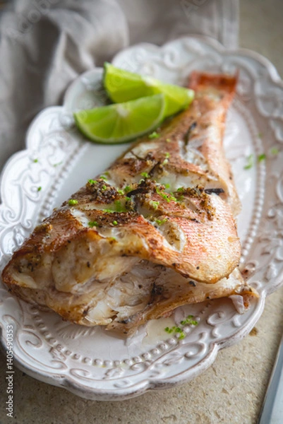Obraz Baked sea bass with herbs and lime