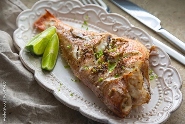 Obraz Baked sea bass with herbs and lime