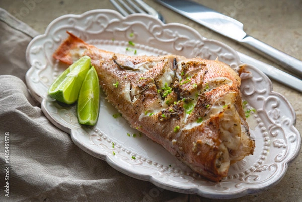 Obraz Baked sea bass with herbs and lime