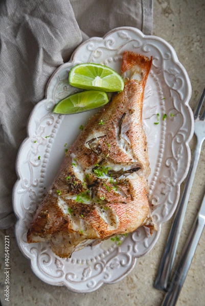 Obraz Baked sea bass with herbs and lime