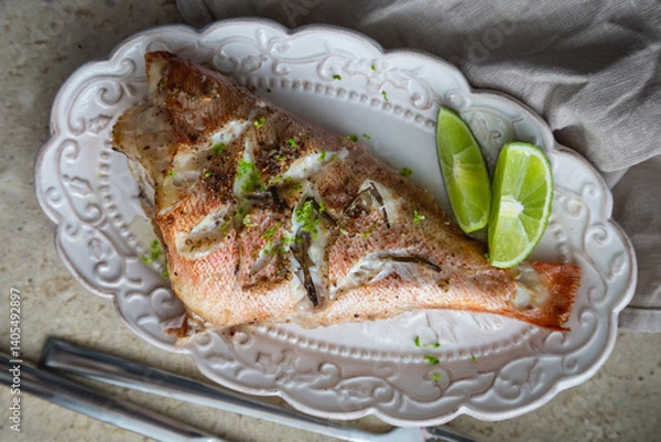 Obraz Baked sea bass with herbs and lime