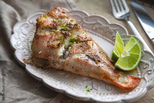 Obraz Baked sea bass with herbs and lime