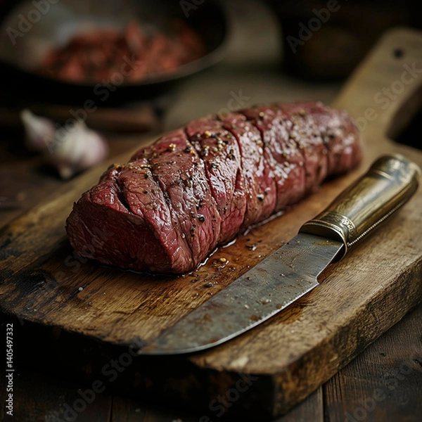 Obraz photo of fresh beef tenderloin lying on wooden cutting board and vintage carving knife nearby