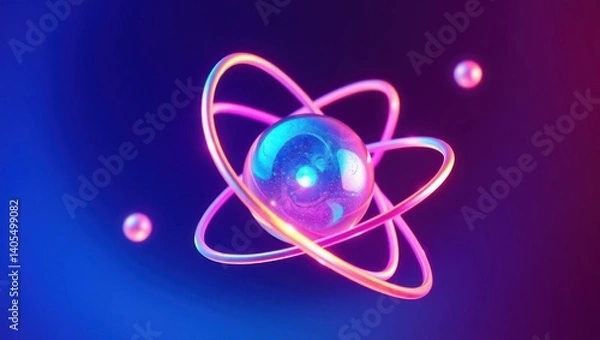 Fototapeta Vibrant atom illustration in neon colors.  A 3D model of an atom with glowing rings and spheres, set against a gradient background