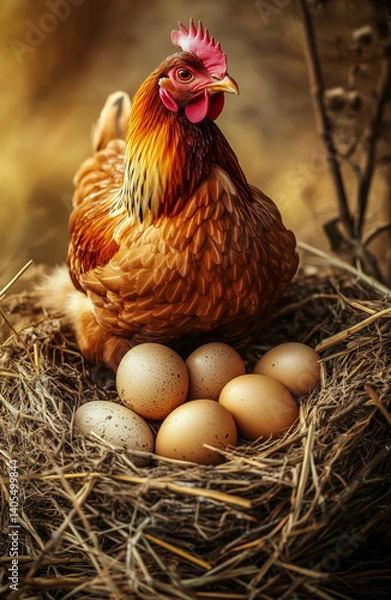 Fototapeta Hen in Nest with Eggs Surrounded by Straw in Cozy Setting