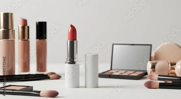 Fototapeta Still life of makeup products featuring lipstick foundation brushes and eyeshadow palette on white background