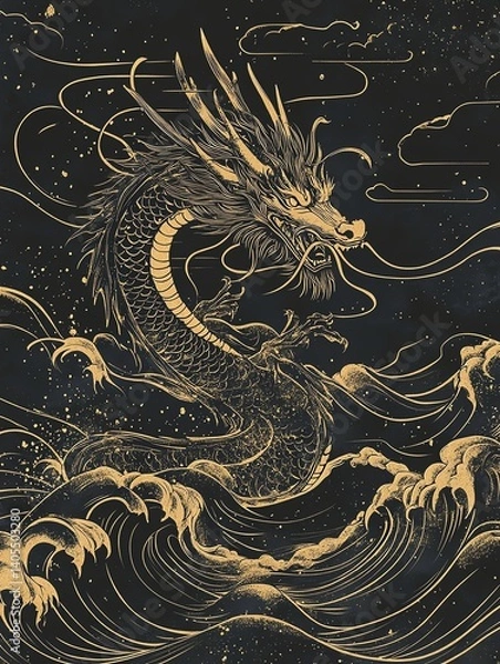 Fototapeta Mythical dragon in an ocean landscape.
