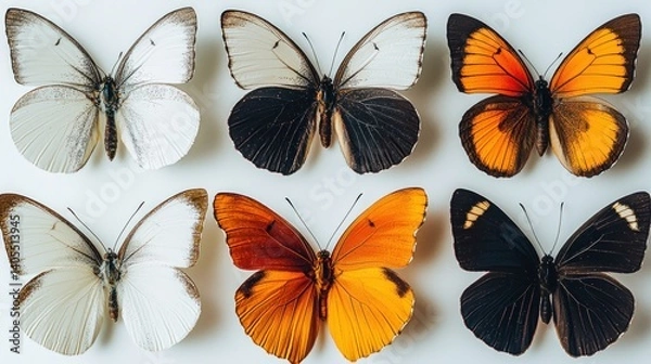 Fototapeta Six diverse butterflies, displayed flat, showcasing various colors and patterns