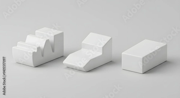 Fototapeta Three white geometric shapes arranged horizontally on a light gray surface in a studio setting