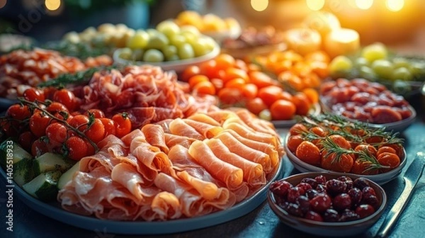 Fototapeta A vibrant display of assorted meats, cheeses, and fresh fruits arranged elegantly for a festive gathering