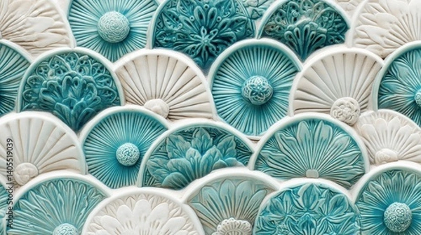 Fototapeta Beautiful textured ceramic tiles in intricate geometric patterns.