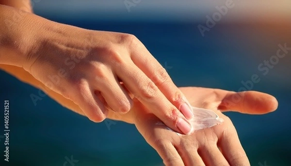 Obraz Hand applying sunscreen or sunblock