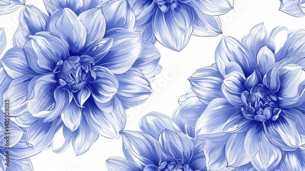 Fototapeta Beautiful blue flowers with intricate details create stunning floral pattern on white background, evoking sense of elegance and tranquility