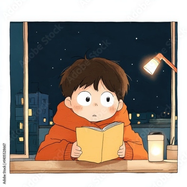 Fototapeta A soft cozy bedroom scene with a child snuggled under blankets, reading by flashlight
