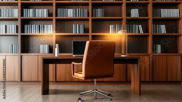 Fototapeta Modern office workspace with a wooden desk, chair, and bookshelves in a cozy library setting