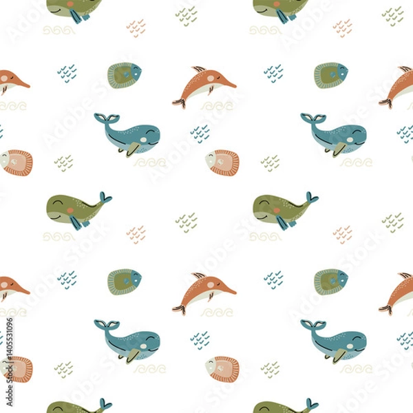 Obraz Seamless kids pattern with whales, dolphins, and fish. Cute marine animals on white background. Perfect for baby fabric, wallpapers, and nautical-themed projects